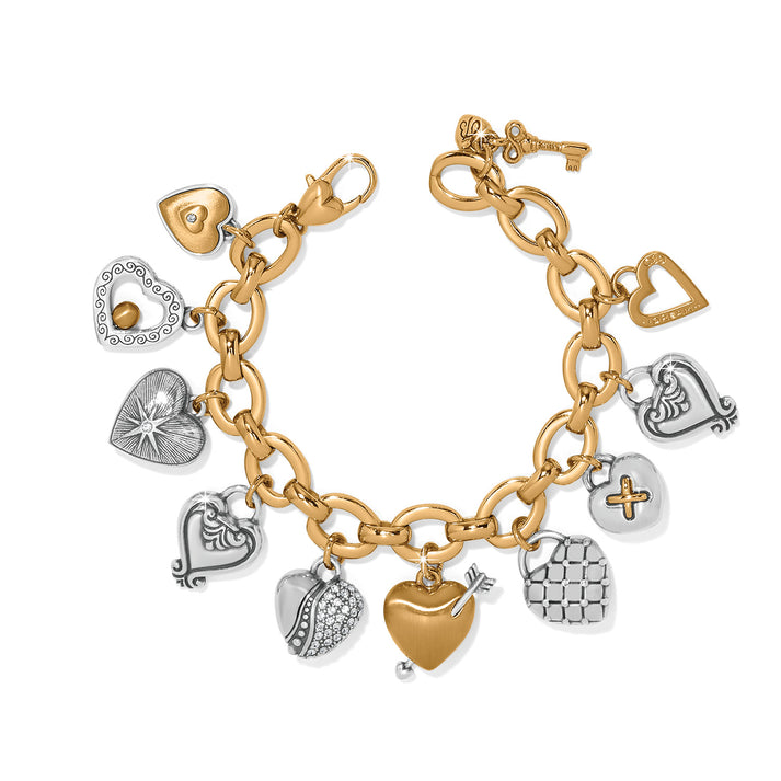 One Heart Large Charm Bracelet in two-tone silver and gold with various heart-shaped charms.
