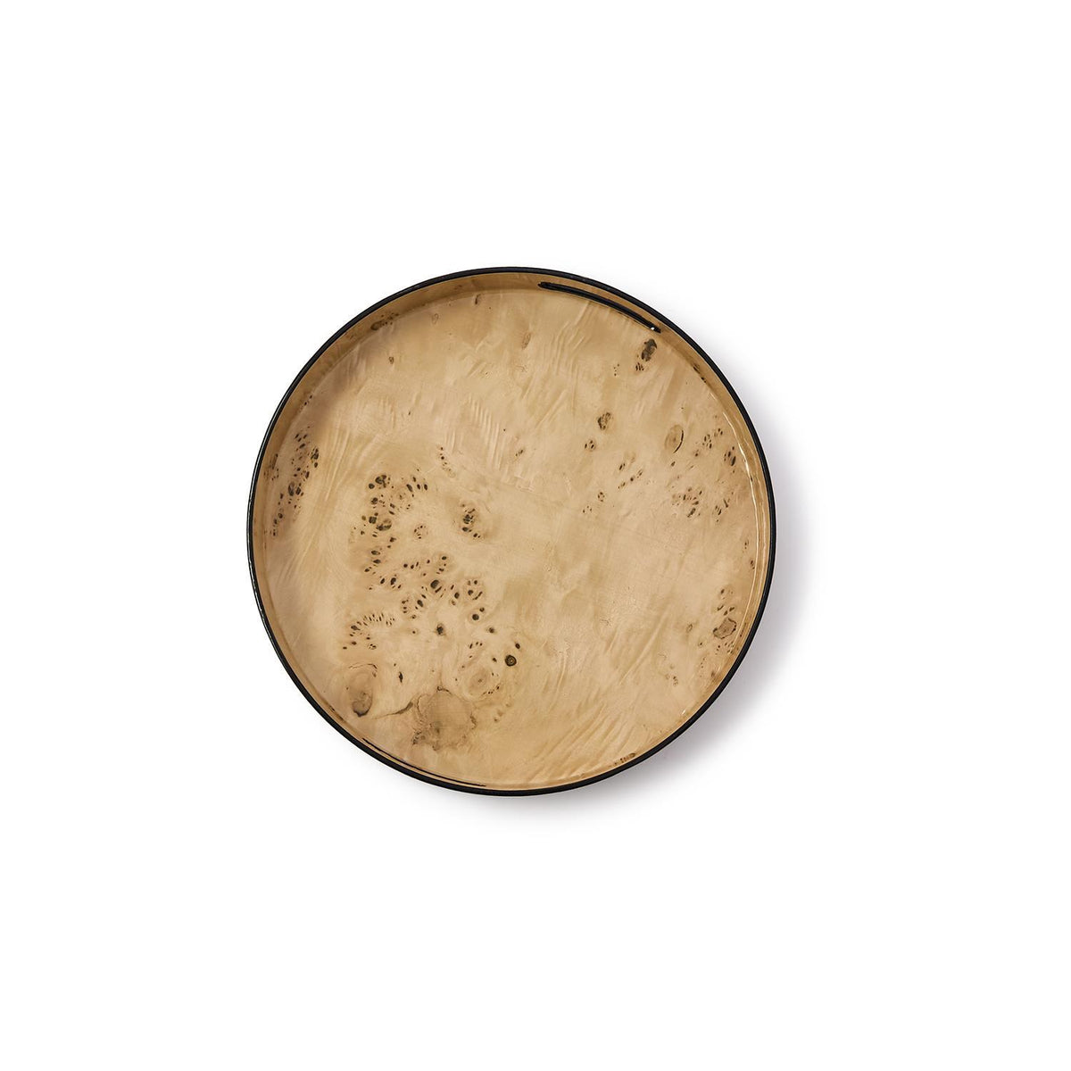 Top view of a round tray featuring a light tan burled wood pattern with a thin black rim.