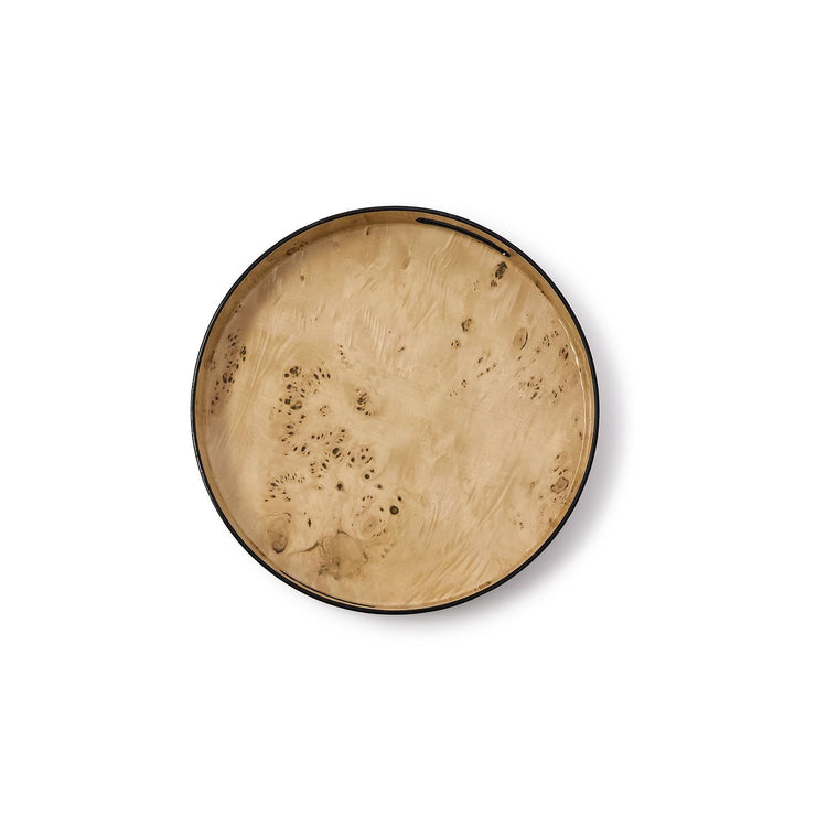 Top view of a round tray featuring a light tan burled wood pattern with a thin black rim.