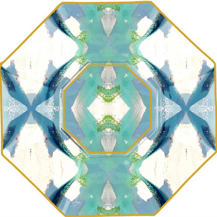 Octagonal decoupage glass plate with hand-painted gold edges featuring a floral artwork pattern.
