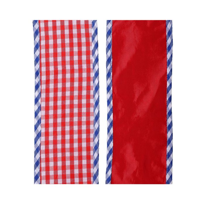 4-inch by 5-yard spring gingham fabric with border ribbon in blue and white check pattern.