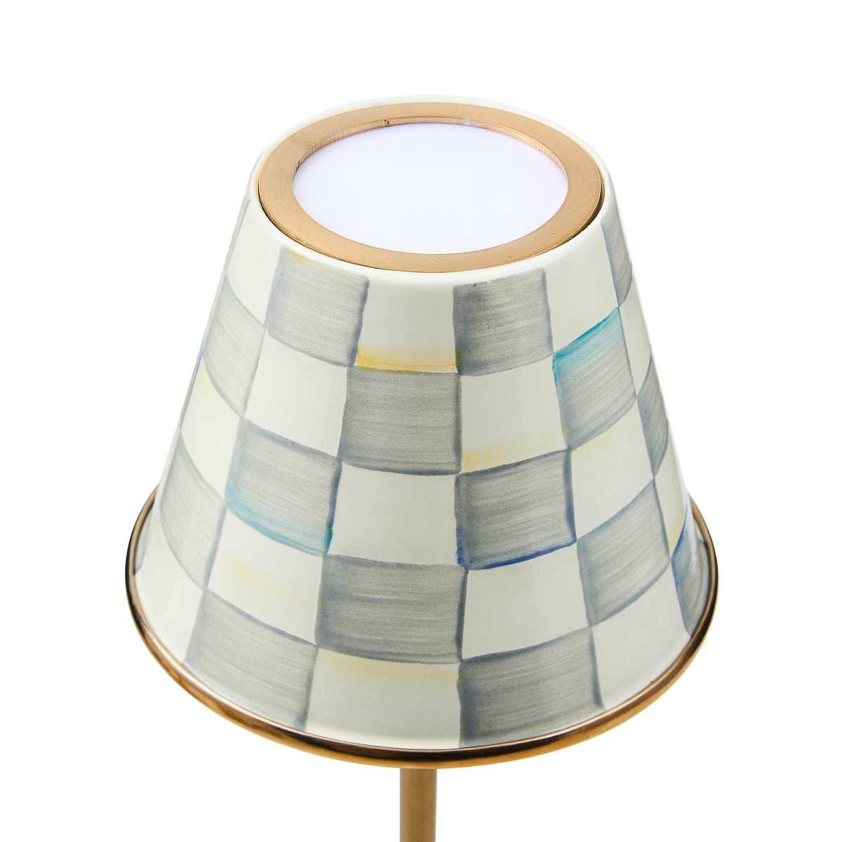 Top view of a Sterling Check LED rechargeable table lamp with hand-painted grey and white checks.