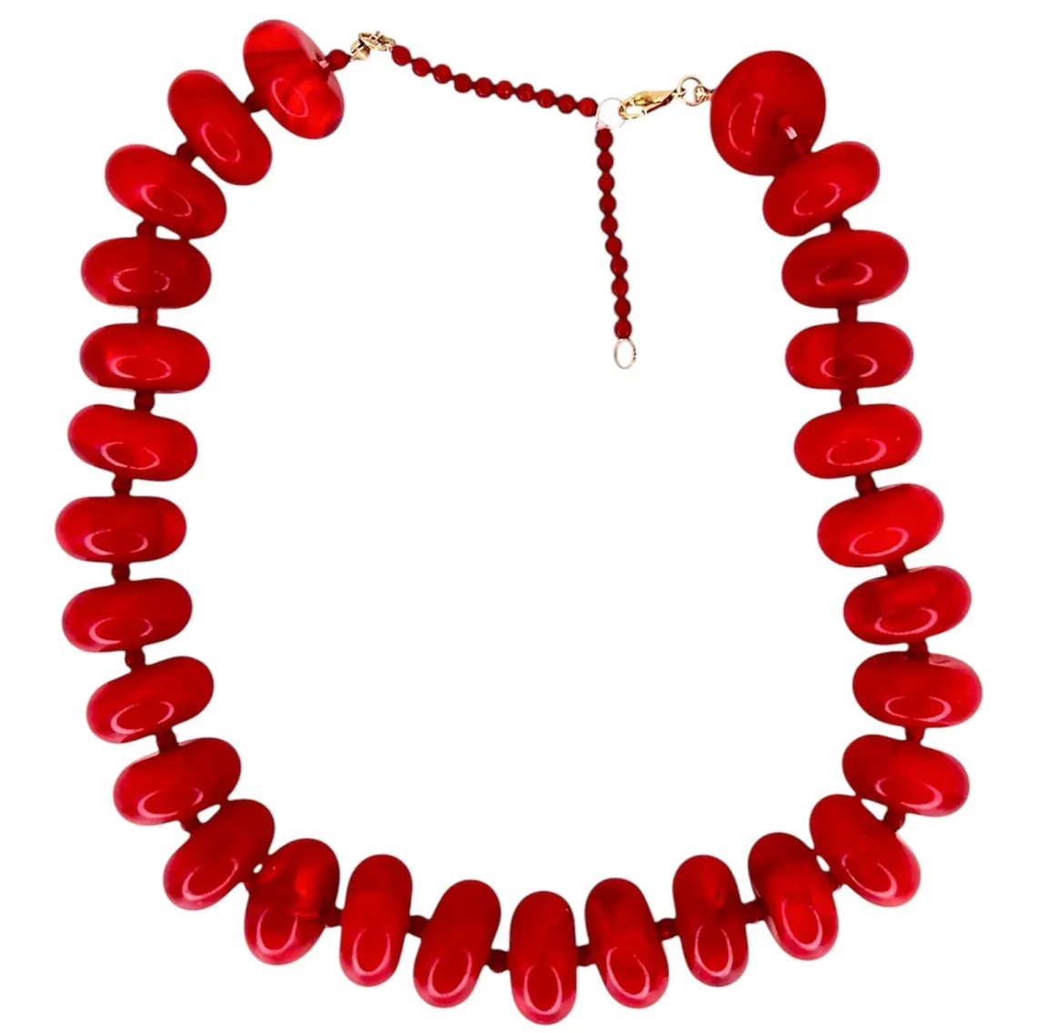 Candy Necklace featuring oversized, glossy red beads with an adjustable gold-tone chain closure.