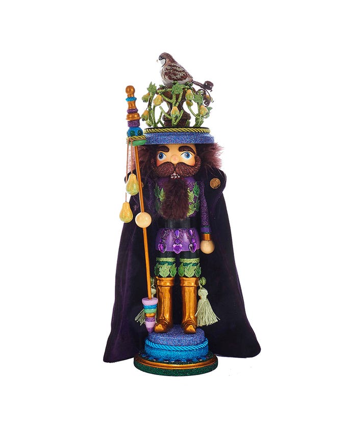 18-inch nutcracker in purple and green with a partridge in a pear tree crown and staff.