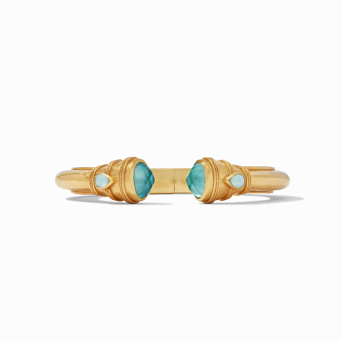 Cannes Demi Cuff in 24K gold plate with turquoise-colored gemstone endcaps and pear-shaped accents.