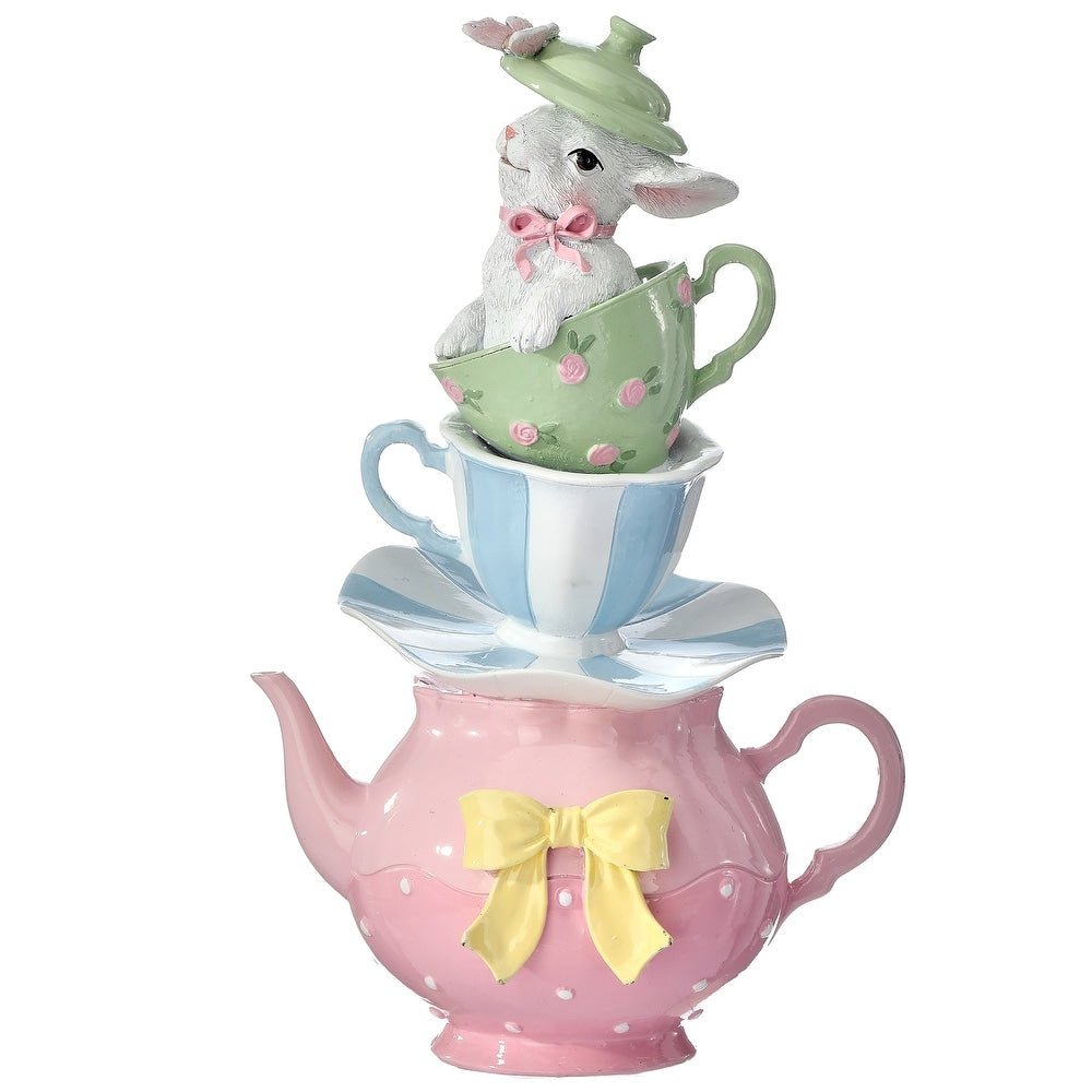Eleven-inch resin stack of whimsical tea cups topped with an adorable bunny silhouette.