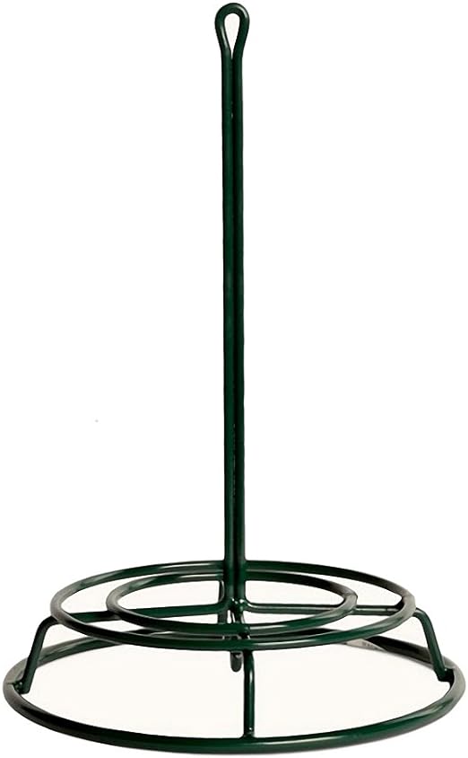 Green steel EZ Feeder for seed cylinders with a circular base and vertical center rod.