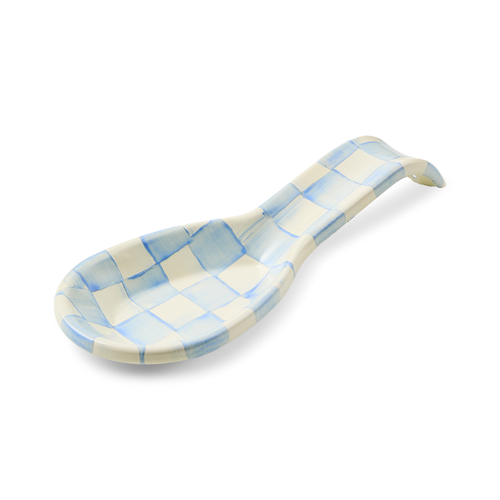Hand-glazed steel spoon rest with hand-painted Sky Blue Checks pattern.