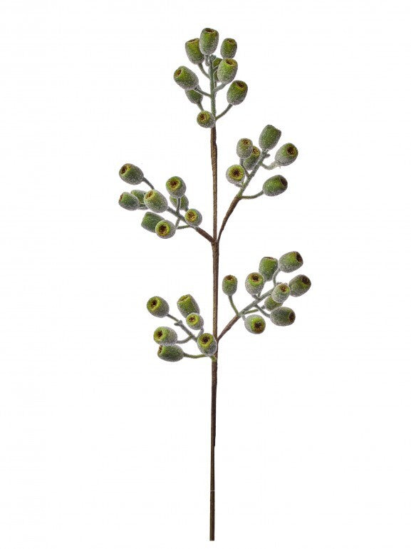 33.5-inch beaded glitter rosehip spray with green textured berries on a brown stem.