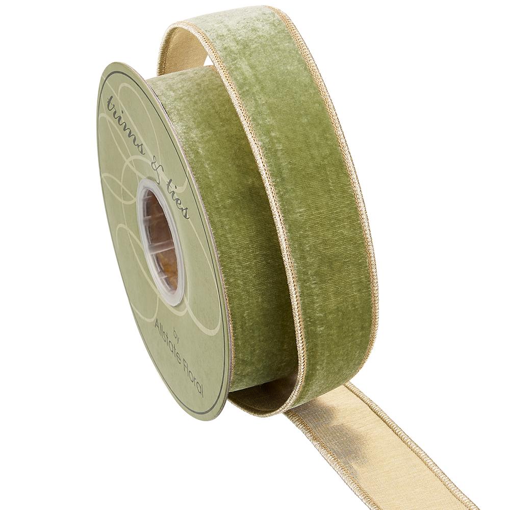 1.5 inch wide moss green velvet ribbon with gold metallic edges on a spool.
