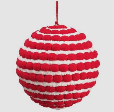 4-inch red and white striped pompon yarn ball Christmas ornament with a red hanging string.
