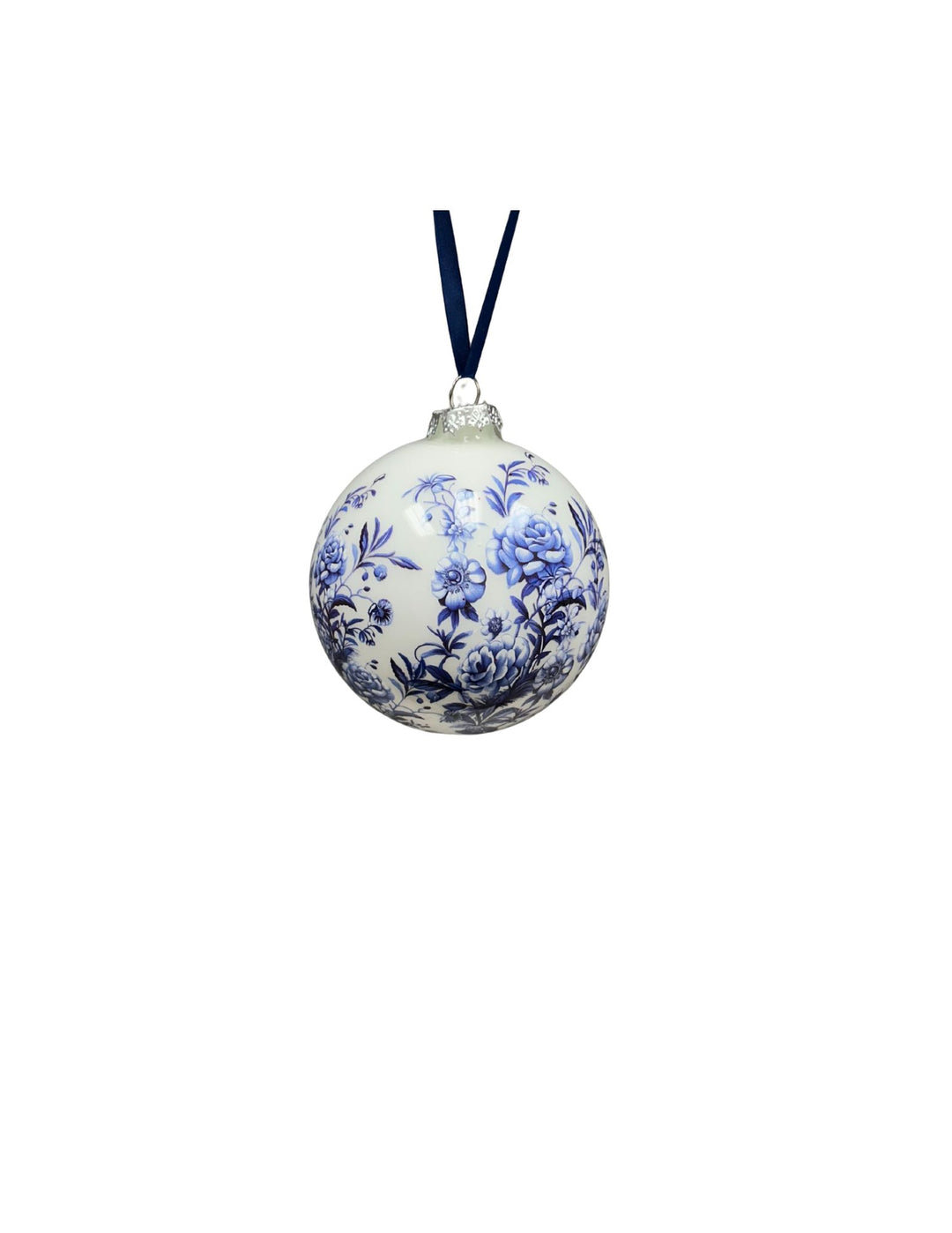 Glass floral print ball ornament with a round silhouette.