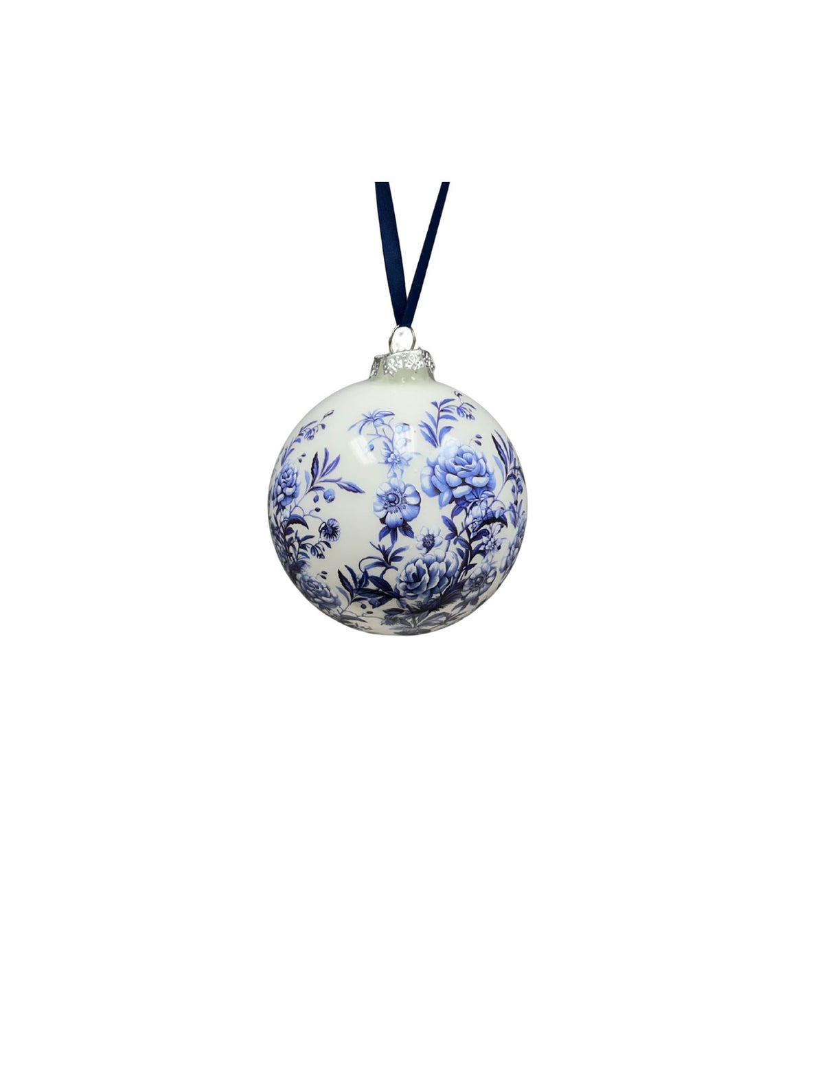 Glass floral print ball ornament with a round silhouette.