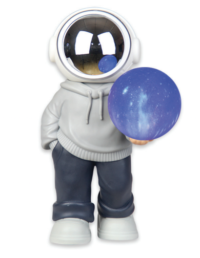 Wireless speaker with astronaut helmet shape featuring changing planet Earth light patterns