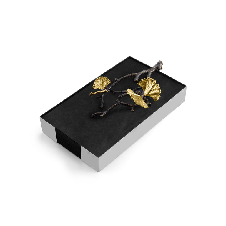 Butterfly Ginkgo guest towel holder in oxidized brass powdercoat with stainless steel accents and a natural finish.