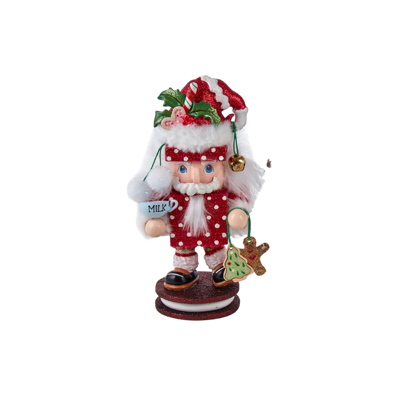 8-inch Hollywood Santa nutcracker holding a milk cup and gingerbread cookies on a cookie base.