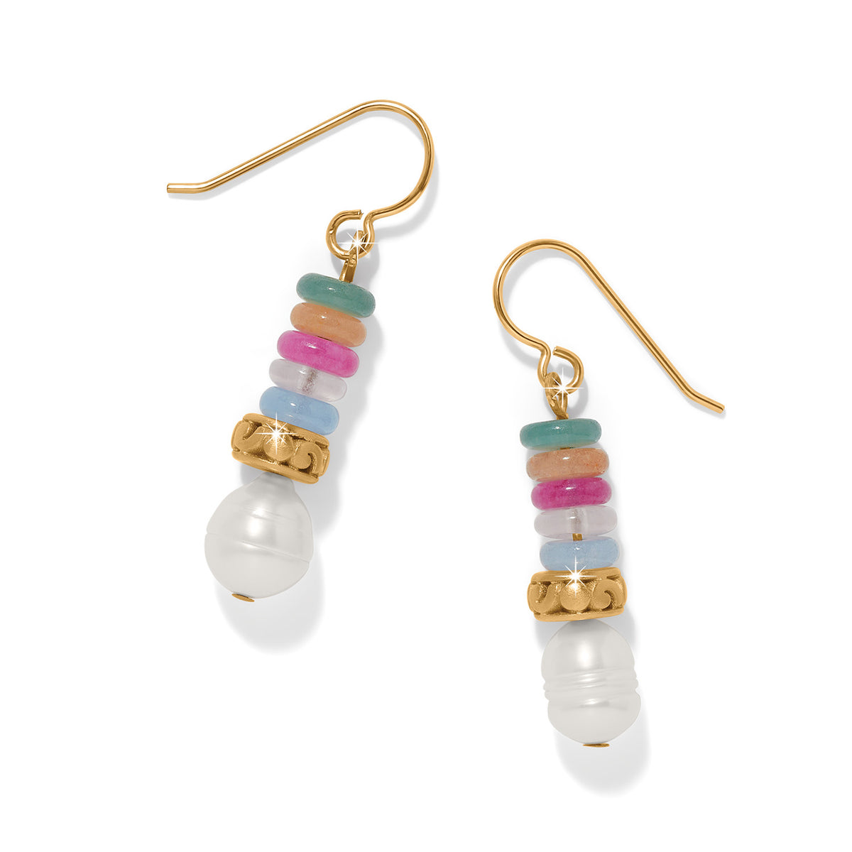 Gold-plated French wire earrings with multi-colored stones in a drop silhouette.