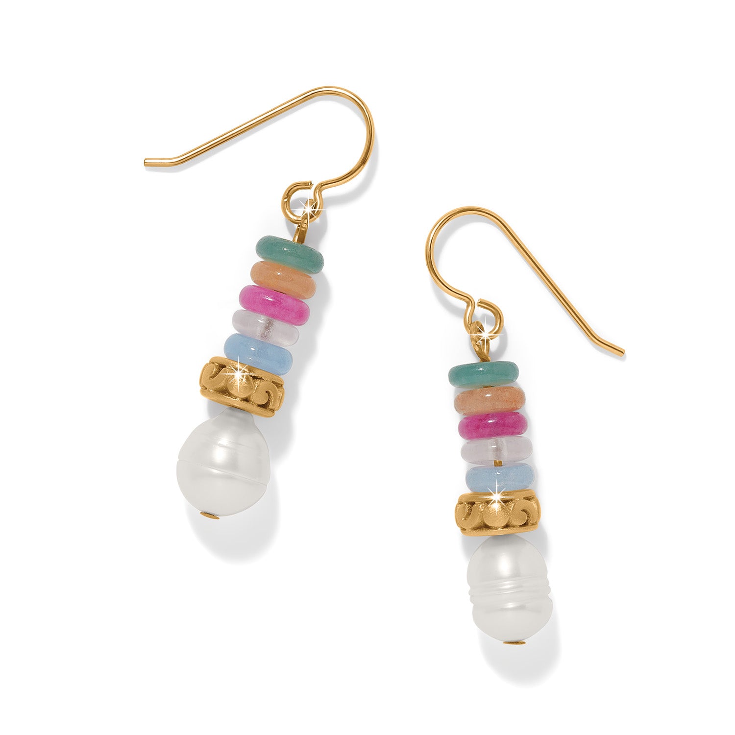 Gold-plated French wire earrings with multi-colored stones in a drop silhouette.