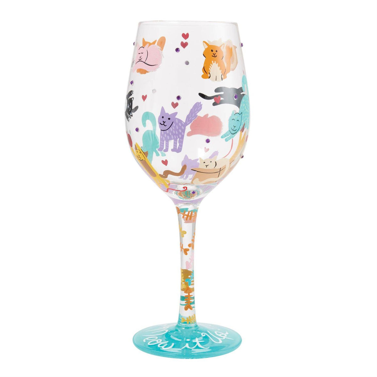 Lolita wine glass with hand-painted floral designs, glitter accents, and a cocktail recipe printed on the base.