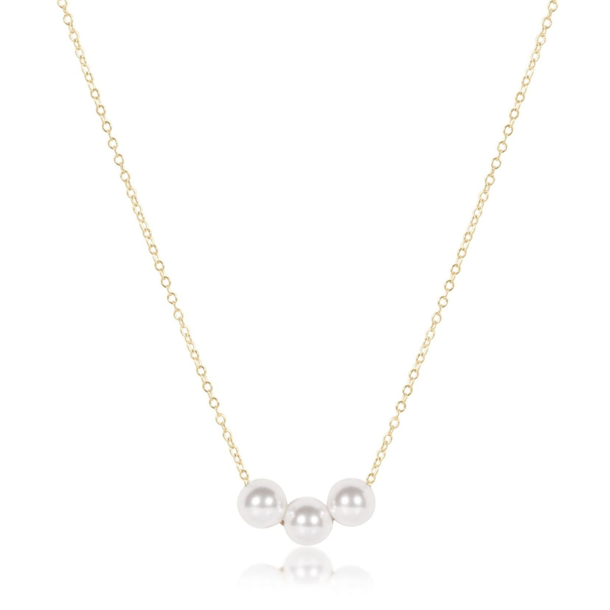 Gold-filled necklace with three layers of small round beads on a 14-inch chain.