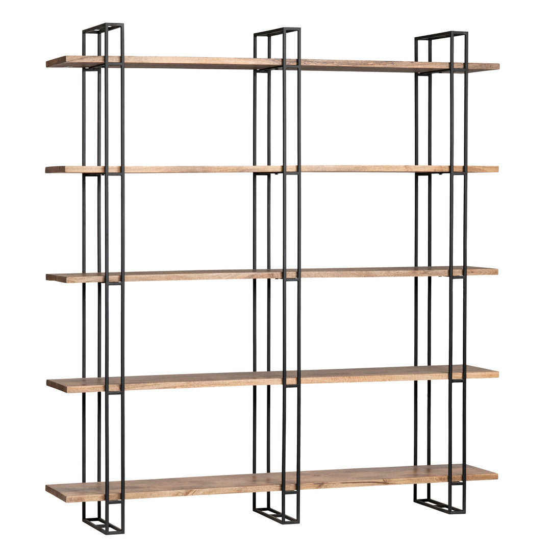 Anthropology etagere with metal frame and mango wood shelves in natural finish.