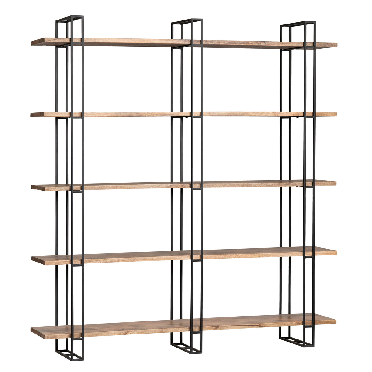 Anthropology etagere with metal frame and mango wood shelves in natural finish.