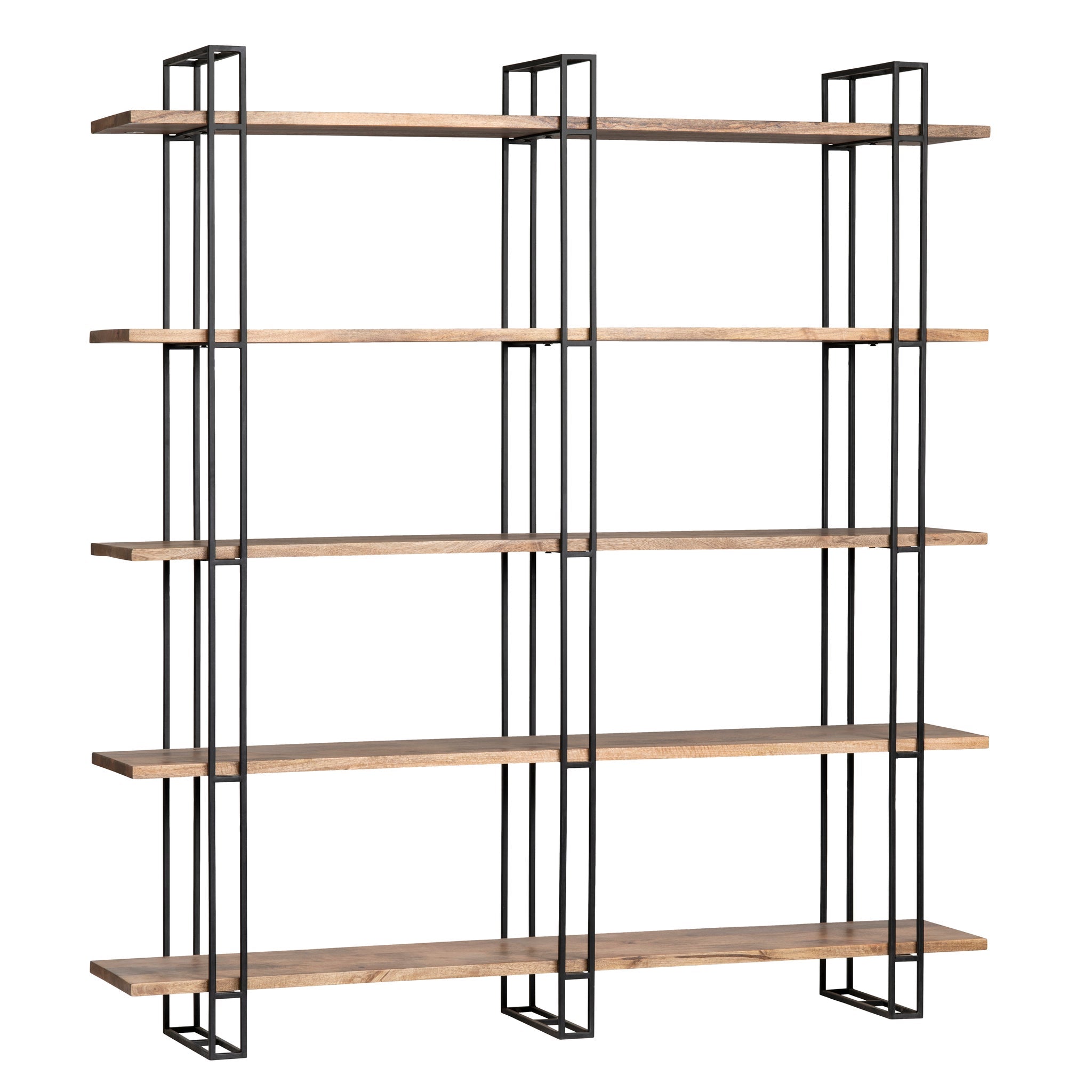 Anthropology etagere with metal frame and mango wood shelves in natural finish.