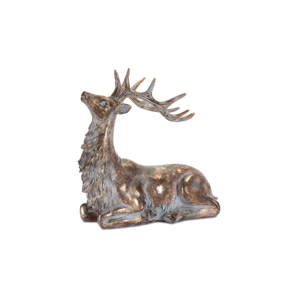 Resting bronze-finished resin deer figurine with large antlers and textured fur details.