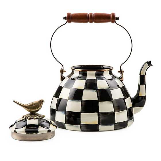 Courtly Check enamel tea kettle with bird handle in blue check pattern