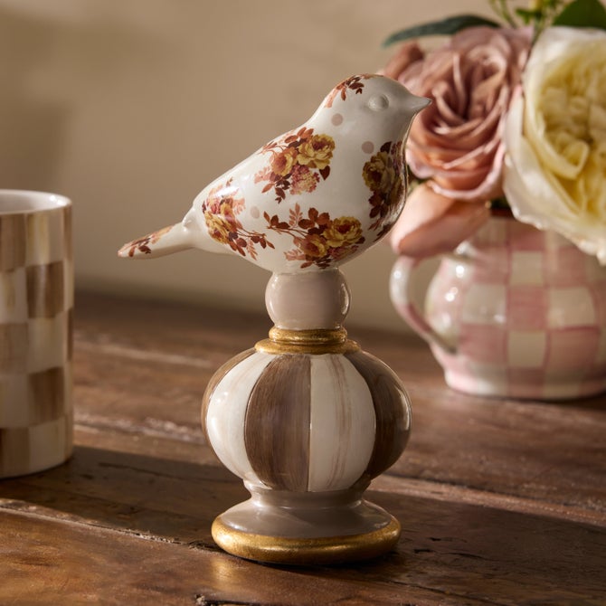 Mocha ceramic bird topiary with floral decals and painted check stripe pattern