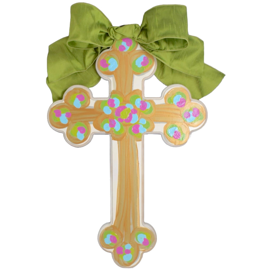 Hand-painted MDF cross with a satin bow top; back painted gold.
