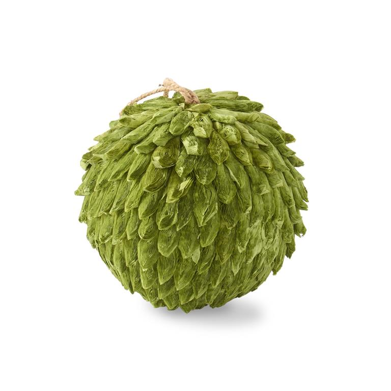 6 inch green petal leaf ball ornament with a natural twine hanging loop.
