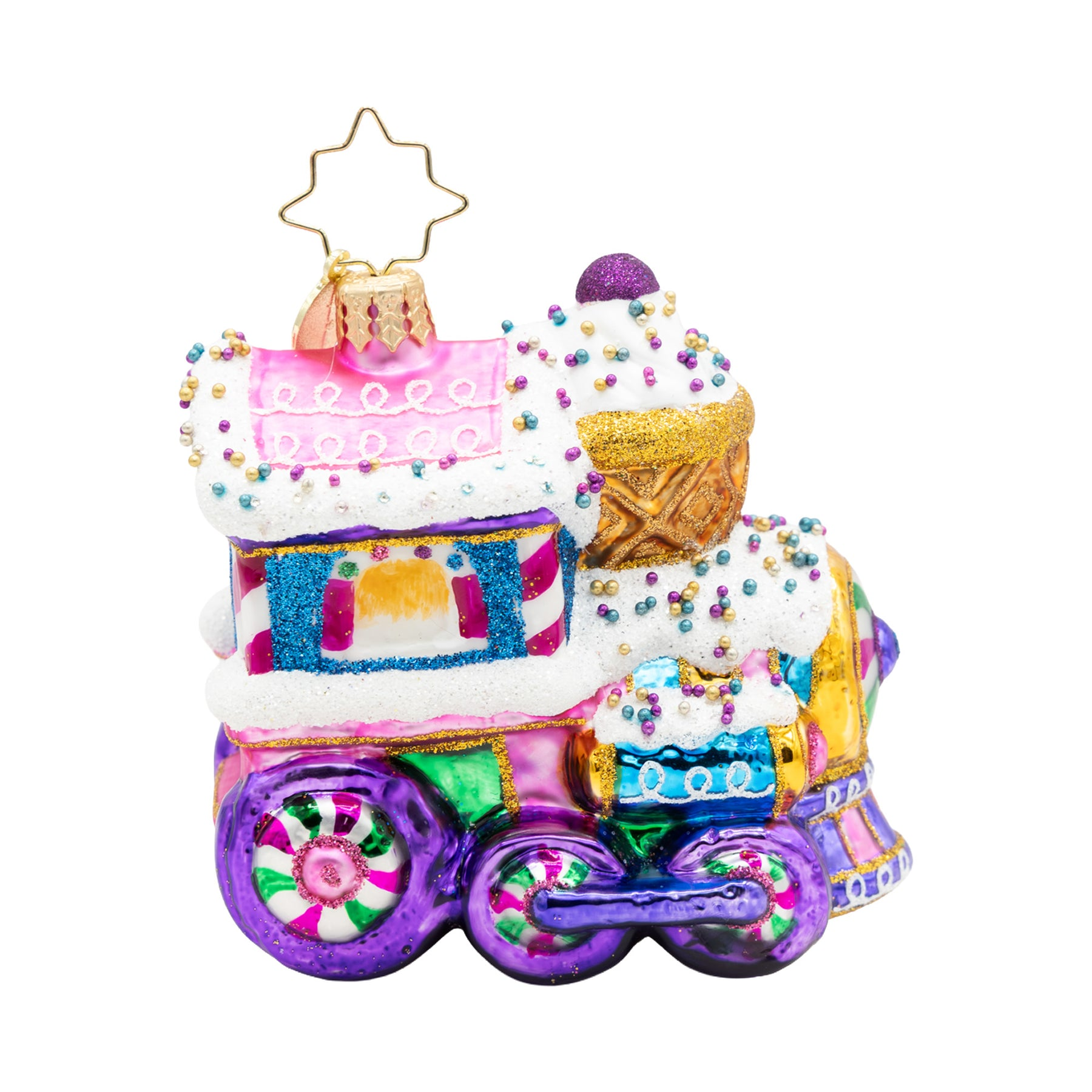 Sugar Rush Express Gem glass train ornament with colorful candy decorations and glitter accents.