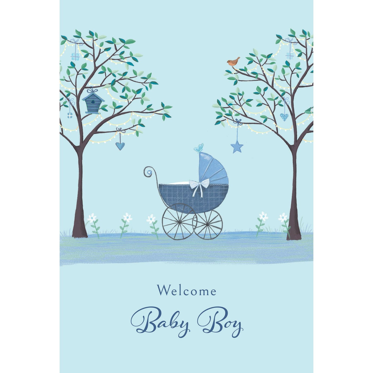 Baby boy carriage with classic black frame, beige fabric seat, and gold accents.
