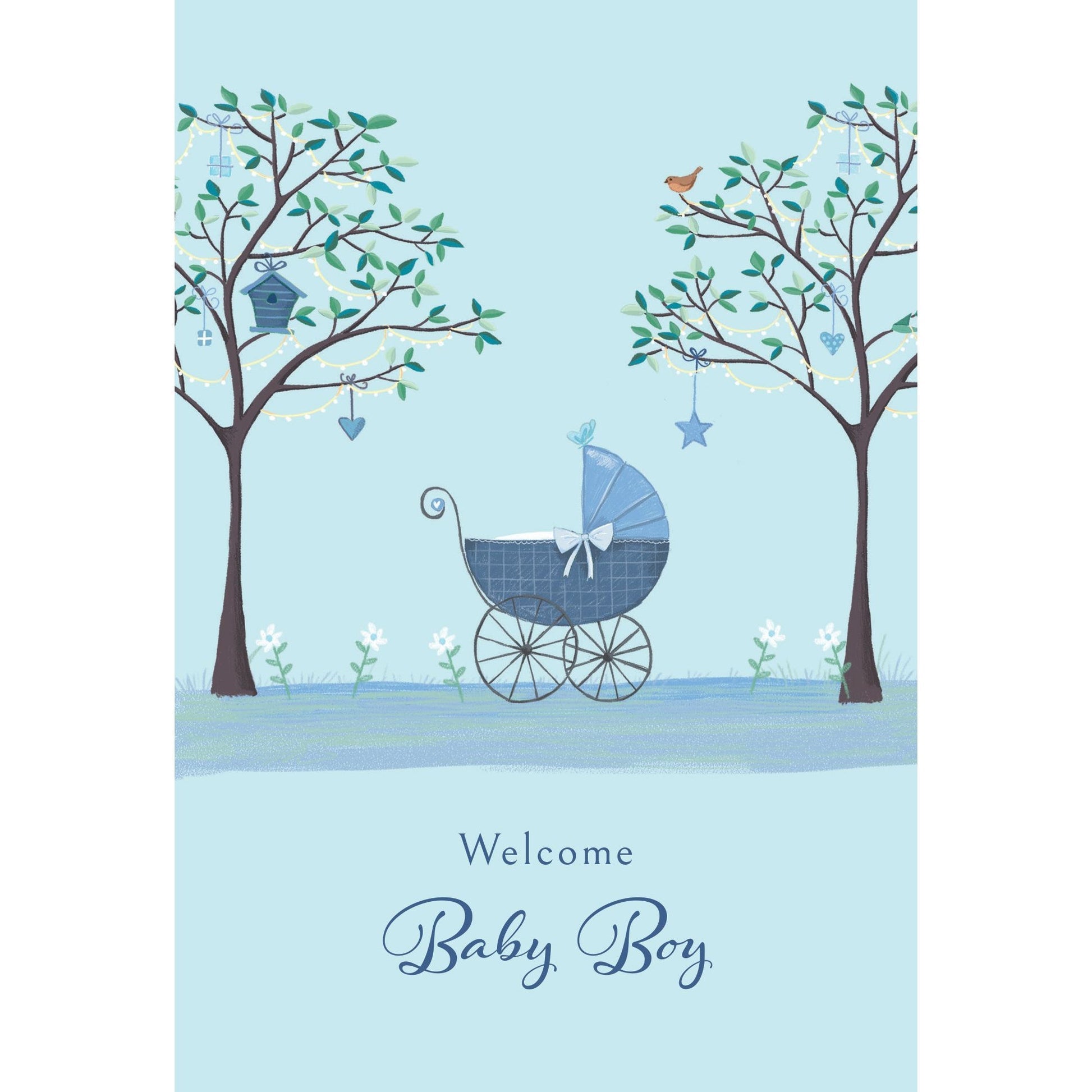 Baby boy carriage with classic black frame, beige fabric seat, and gold accents.