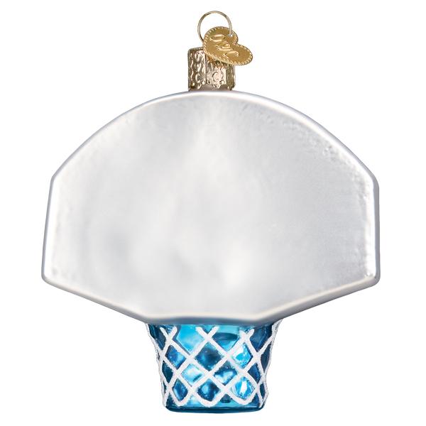 Glass basketball hoop ornament with a white backboard and blue net with white glitter accents.