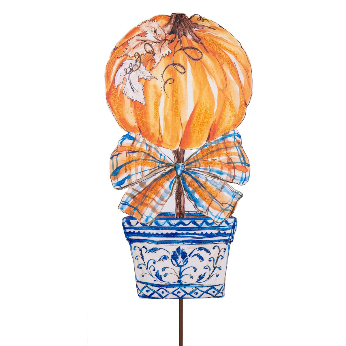 Watercolor-style pumpkin topiary in a blue and white patterned pot with a plaid bow.