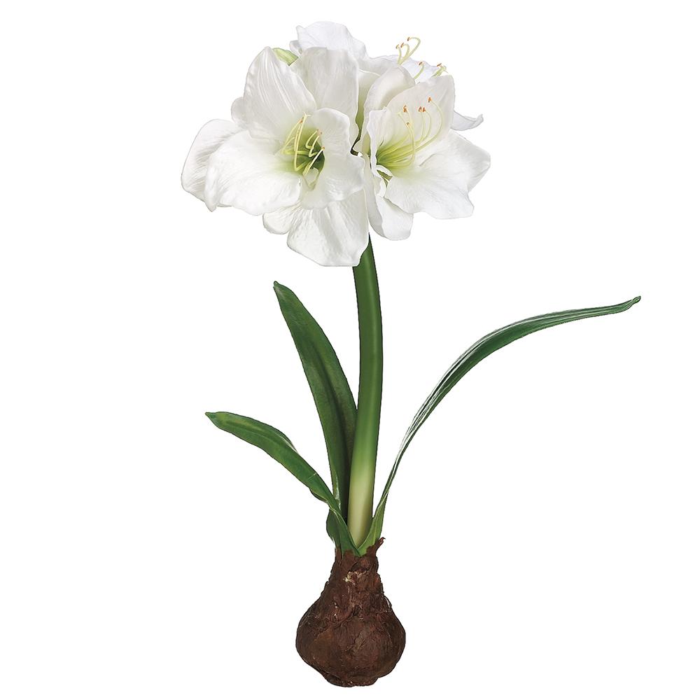 Standing artificial amaryllis in a white pot with green leaves.