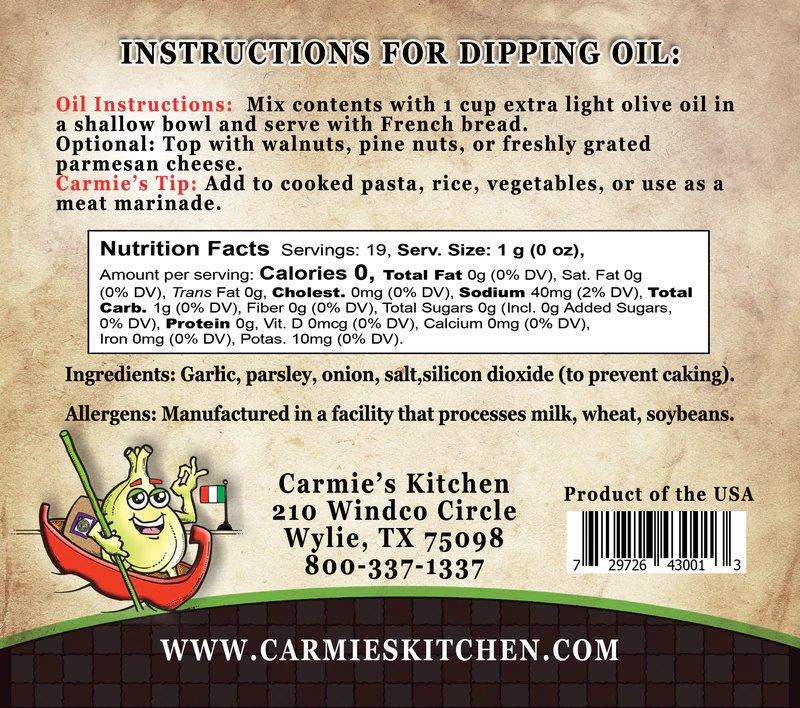 Bottle of toasted garlic dipping oil seasoning with a white label.