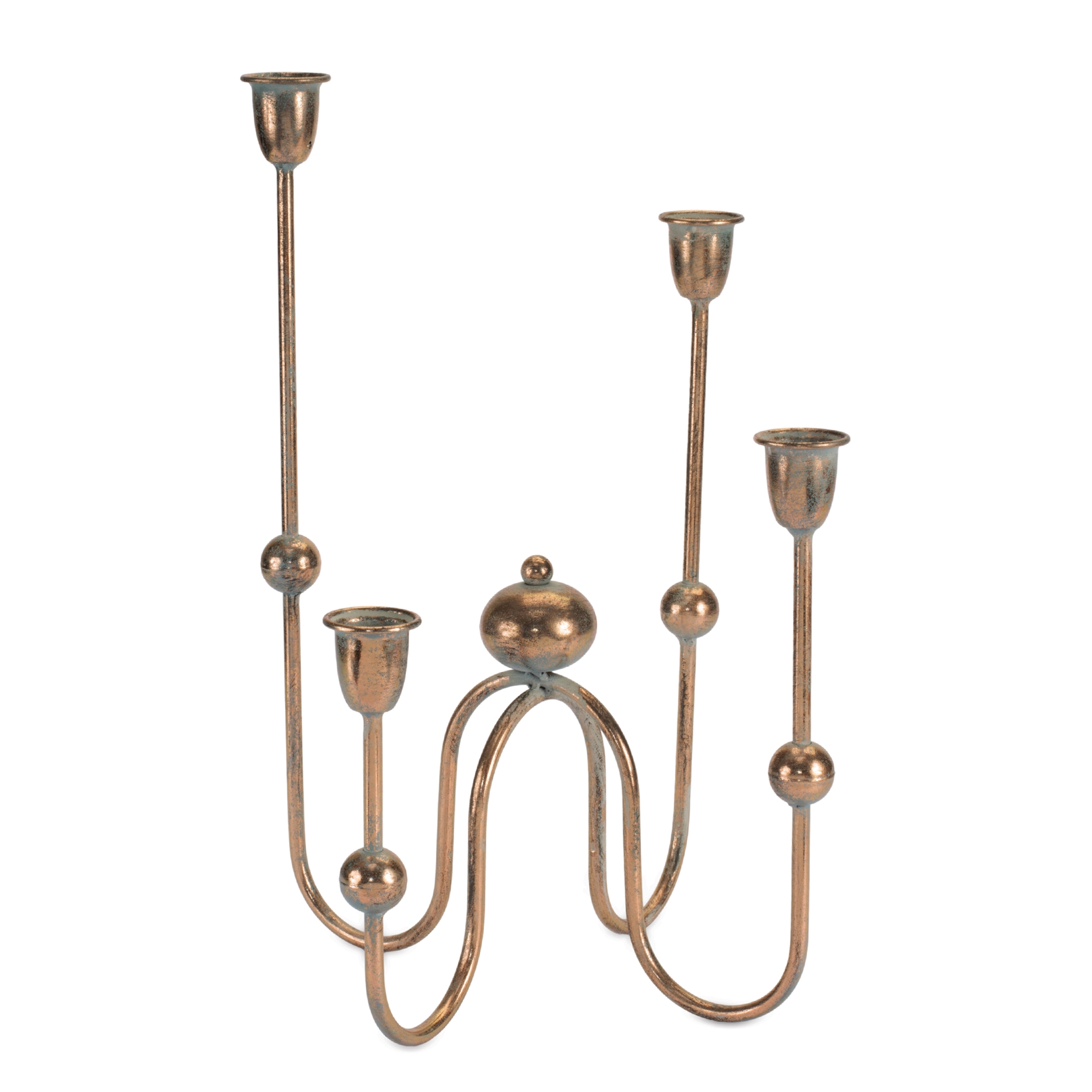17-inch iron taper candle holder with four staggered arms and a weathered bronze finish.