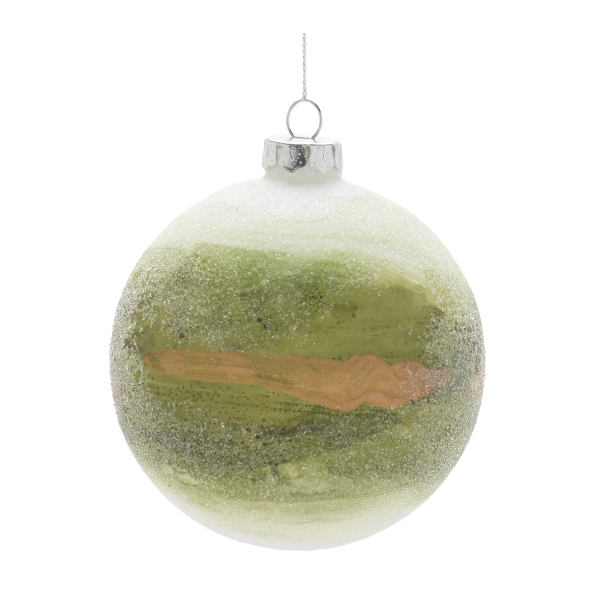 4-inch glass ball ornament with a frosted texture and painted green and gold landscape design.