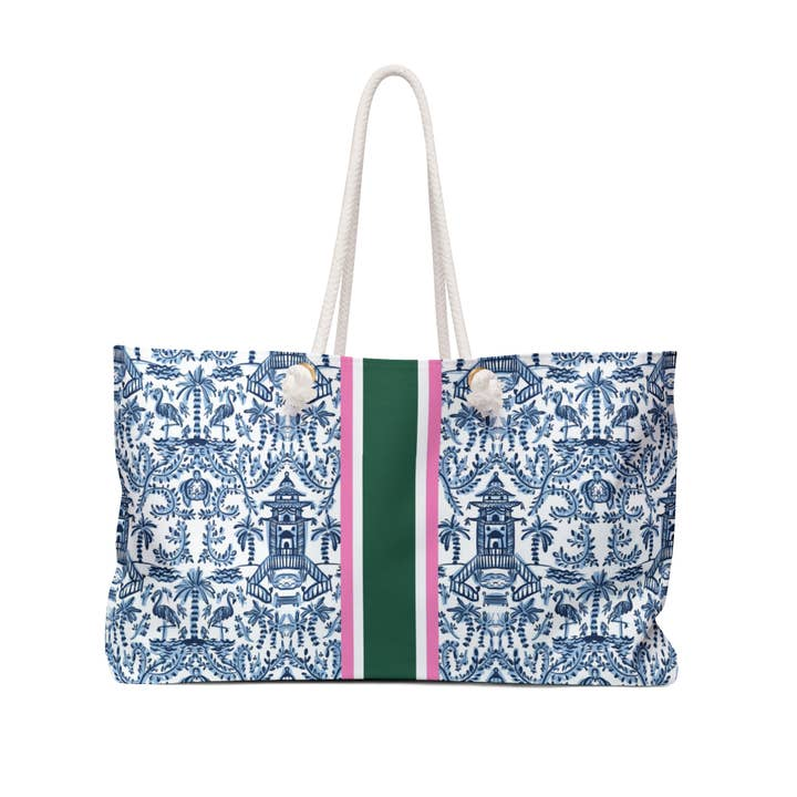 Mahjong Tote Bag with blue and white chinoiserie pattern, green and pink stripes, and rope handles.