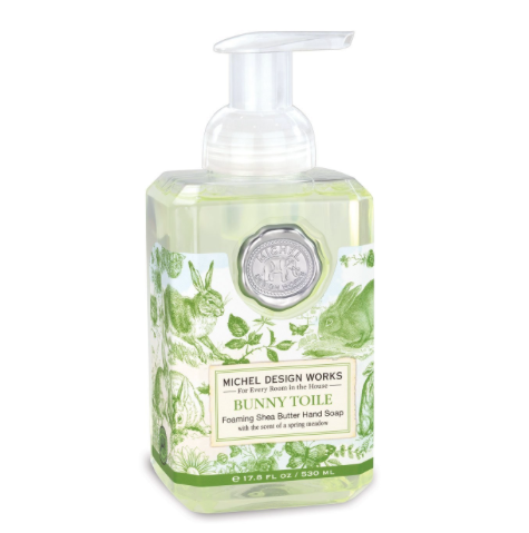 Foaming hand soap dispenser with a white bottle body.