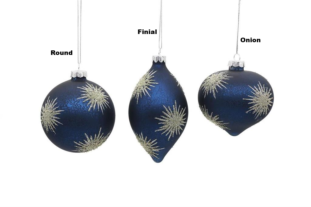 Three blue starburst ornaments in round, finial, and onion shapes with silver glitter accents.