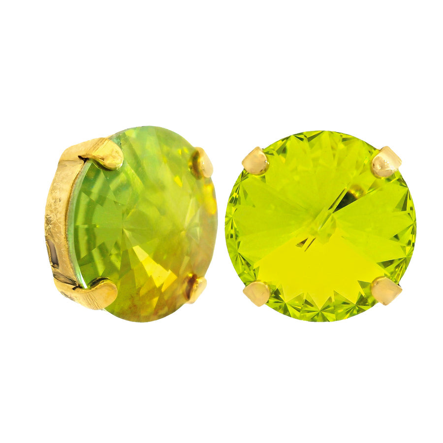 Antique gold-plated stud earrings with large round crystals on surgical steel posts