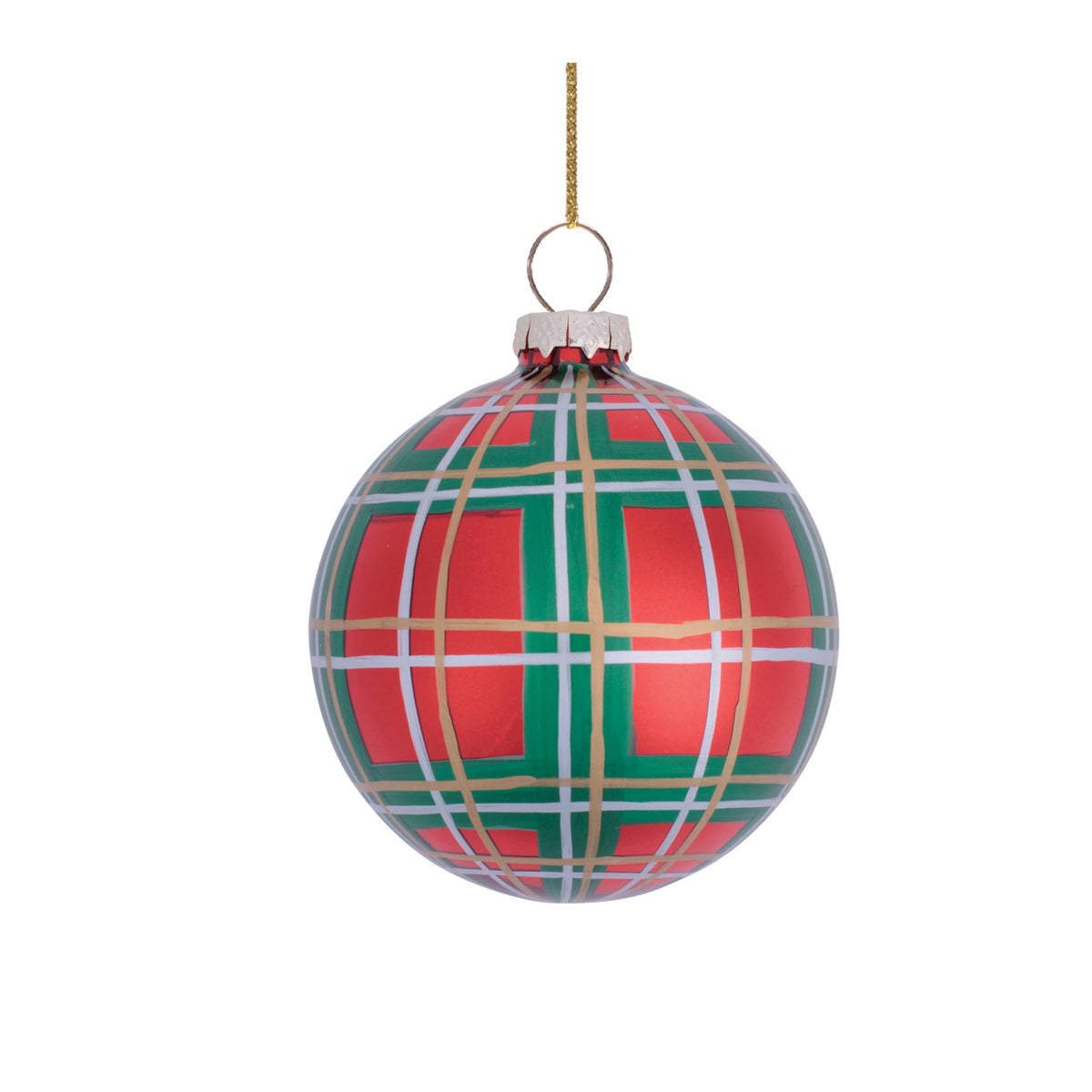 Red glass Christmas ornament with a plaid pattern of green, white, and gold stripes.