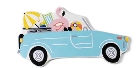 Light blue convertible car attachment with a flamingo, beach umbrella, beach chair, and beach ball.