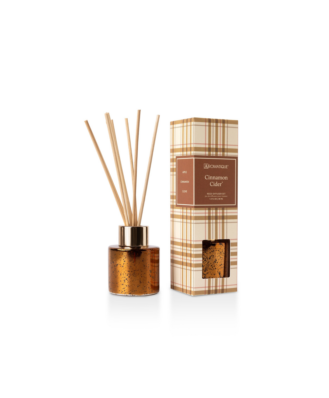 Cinnamon Cider Plaid Mini Reed Diffuser Set with a speckled amber glass bottle and wooden reeds.