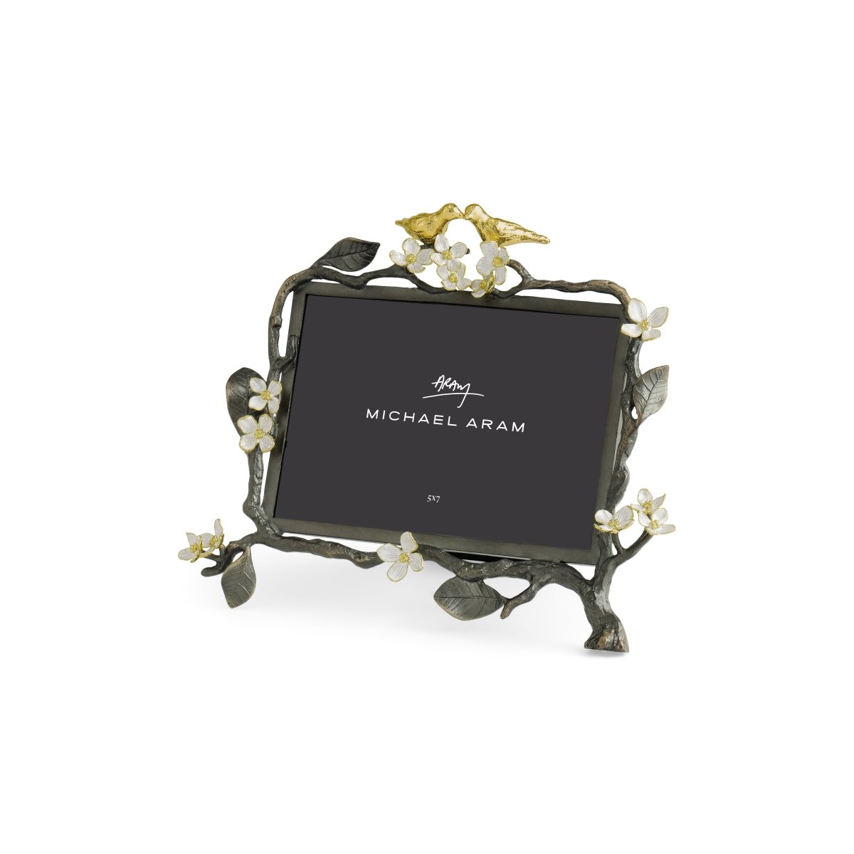 Oxidized goldtone frame with white enamel finish holding a 5x7 photo.