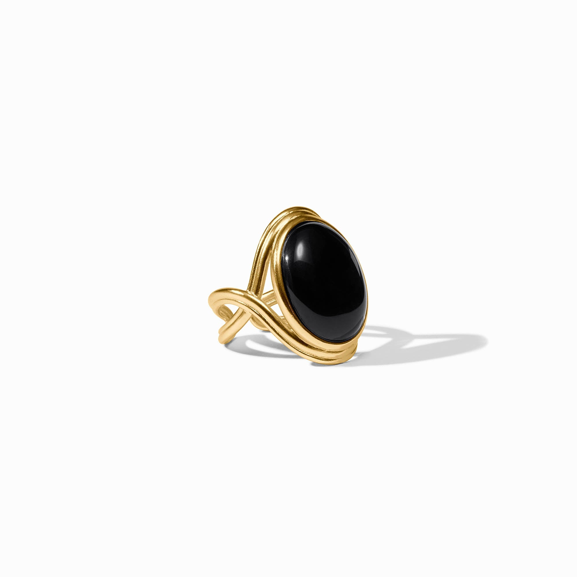 Essex Statement Ring featuring a large oval black onyx stone set in a gold adjustable band.
